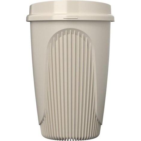Gobelet beige avec couvercle assorti et relief vertical sur la partie basse, sans personnalisation apparente