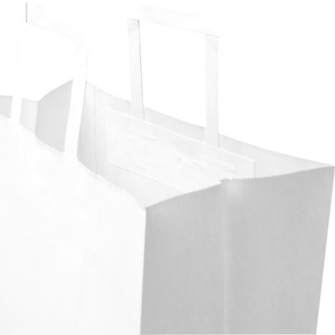Vue rapprochée de sacs en papier blanc montrant intérieur et poignées plates, sans marquage visible