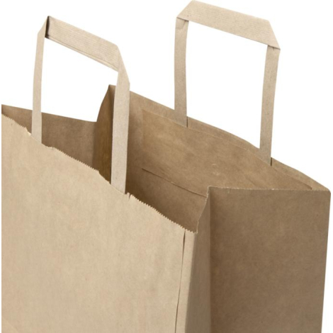 Vue rapprochée de sacs en papier kraft naturel avec poignées plates et ouverture visible, sans marquage visible