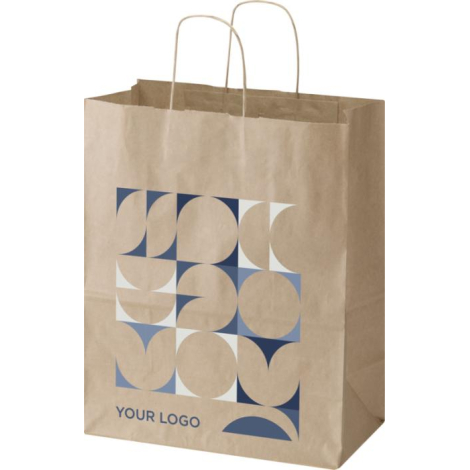Sac en papier kraft naturel avec poignées torsadées et personnalisation visible sur la face avant