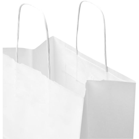 Vue rapprochée d’un sac papier blanc avec intérieur et poignées torsadées, sans marquage visible