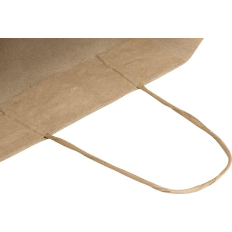 Zoom sur poignées torsadées et bord supérieur d’un sac en papier kraft, sans marquage visible