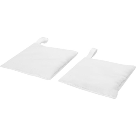 Deux sachets carrés en tissu blanc unis avec boucle de suspension, sans personnalisation apparente
