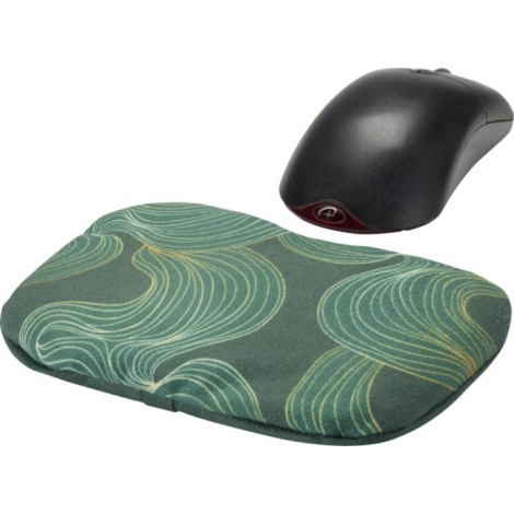 Repose-poignets avec motif imprimé positionné à côté d’une souris, personnalisation visible sur la surface
