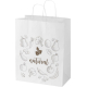Sac en papier kraft avec poignées torsadées et personnalisation visible sur la face avant Sac en papier kraft avec poignées torsadées et personnalisation visible sur la face avant
