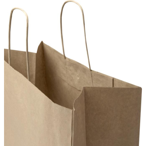 Vue rapprochée d’un sac papier kraft montrant l’intérieur et les poignées torsadées, sans marquage visible