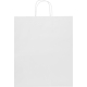 Sac en papier blanc vu de face avec poignées torsadées, sans personnalisation visible Sac en papier blanc vu de face avec poignées torsadées, sans personnalisation visible