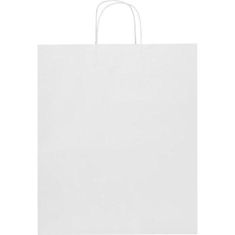 Sac en papier blanc vu de face avec poignées torsadées, sans personnalisation visible