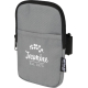 Étui en tissu gris avec fermeture zippée et poche frontale avec personnalisation visible sur la poche