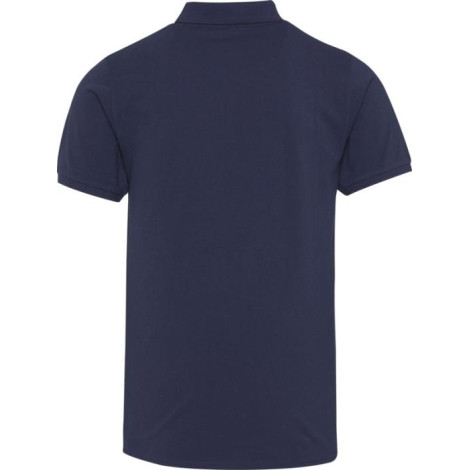 Polo unisexe bleu marine à manches courtes présenté de dos sans personnalisation visible.