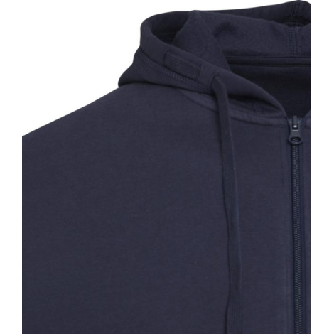 Zoom sur la capuche et le haut d’un sweat zippé recyclé sans marquage visible.