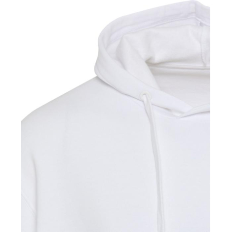 Zoom sur la capuche et le haut d’un sweat oversize blanc sans marquage visible.