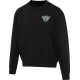 Pull unisexe oversize noir à col rond présenté de face avec personnalisation visible sur la poitrine gauche. Pull unisexe oversize noir à col rond présenté de face avec personnalisation visible sur la poitrine gauche.