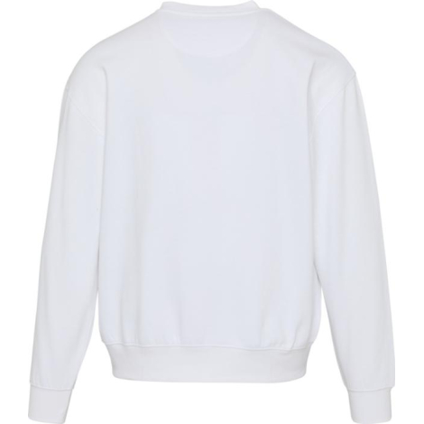 Vue de dos d’un pull unisexe oversize blanc sans personnalisation visible.