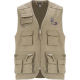 Gilet de travail beige sans manches avec col en V, fermeture zippée et nombreuses poches plaquées à rabat sur la poitrine et le Gilet de travail beige sans manches avec col en V, fermeture zippée et nombreuses poches plaquées à rabat sur la poitrine et le