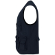Vue de profil d’un gilet de travail bleu marine sans manches avec poches cargo, poches zippées et col en V, sans marquage visibl Vue de profil d’un gilet de travail bleu marine sans manches avec poches cargo, poches zippées et col en V, sans marquage visibl