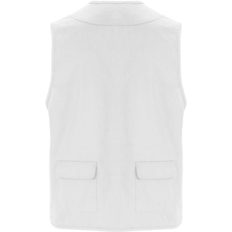 Gilet de travail blanc présenté de dos avec coupe droite et poches plaquées basses, sans personnalisation apparente.