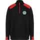 Pull homme noir demi-zippé avec col montant, empiècements rouges aux épaules et poignets contrastés, présenté de face avec perso Pull homme noir demi-zippé avec col montant, empiècements rouges aux épaules et poignets contrastés, présenté de face avec perso