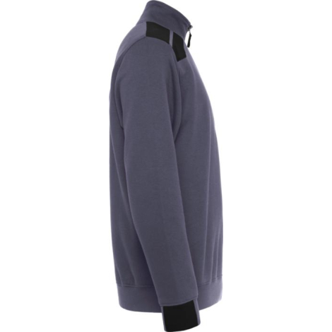 Vue de profil d’un pull homme gris demi-zippé avec col montant et empiècements noirs aux épaules et aux poignets, sans marquage 