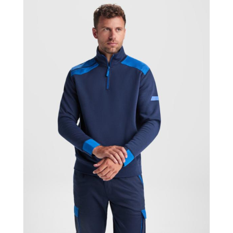 Homme portant un pull homme bleu marine demi-zippé avec col montant et empiècements bleus aux épaules, présenté sans marquage vi