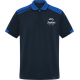 Polo unisexe bleu marine à manches courtes avec détails contrastés bleus sur les épaules et les manches, présenté de face avec p Polo unisexe bleu marine à manches courtes avec détails contrastés bleus sur les épaules et les manches, présenté de face avec p