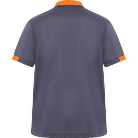 Polo unisexe gris à manches courtes avec détails contrastés orange sur le col et les manches, présenté de dos sans personnalisat