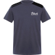 T-shirt homme gris à manches courtes avec empiècements noirs aux épaules et bandes contrastées noires, présenté de face avec per T-shirt homme gris à manches courtes avec empiècements noirs aux épaules et bandes contrastées noires, présenté de face avec per