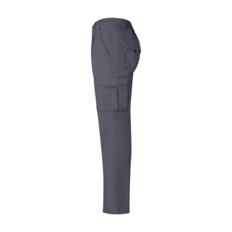 Vue de profil d’un pantalon de travail gris foncé avec poches cargo latérales à soufflet et coupe droite, sans marquage visible.