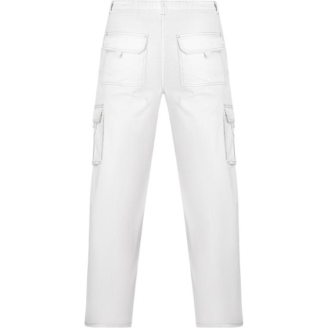 Pantalon de travail blanc présenté de dos avec poches arrière à rabat et poches cargo latérales, sans personnalisation apparente
