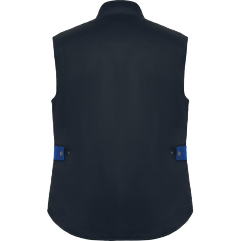 Gilet de travail bleu marine sans manches présenté de dos, avec pattes de réglage latérales contrastées et sans personnalisation