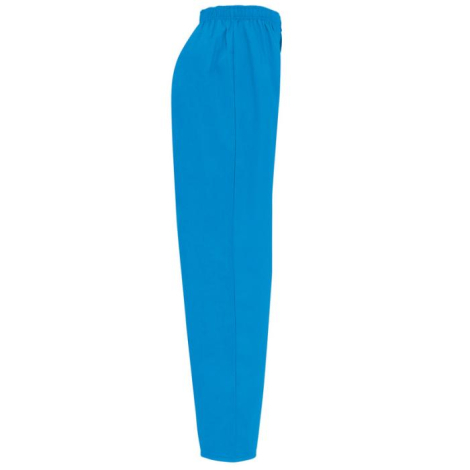 Vue de profil d’un pantalon de service unisexe bleu avec taille élastiquée et coupe droite, présenté sans marquage visible.