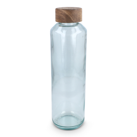 Modèle transparent en verre recyclé avec bouchon en bois, présenté sans marquage apparent.