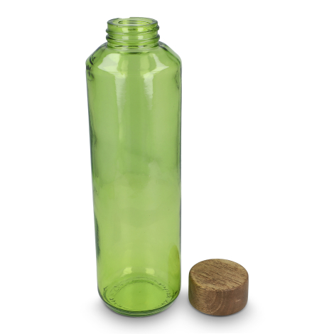 Bouteille d’eau verte en verre recyclé avec bouchon en bois retiré, sans personnalisation visible sur le corps de la bouteille.