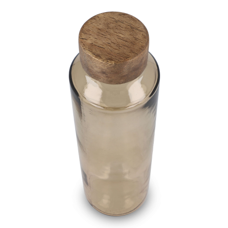 Vue du dessus d’une bouteille d’eau brun teinté avec bouchon en bois, présentée sans marquage apparent.