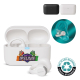 Boîtier de recharge blanc ouvert avec écouteurs sans fil blancs à oreille ouverte et personnalisation visible sur la face avant, Boîtier de recharge blanc ouvert avec écouteurs sans fil blancs à oreille ouverte et personnalisation visible sur la face avant,