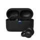 Boîtier de recharge noir ouvert avec écouteurs sans fil noirs à oreille ouverte, présenté sans personnalisation visible. Boîtier de recharge noir ouvert avec écouteurs sans fil noirs à oreille ouverte, présenté sans personnalisation visible.