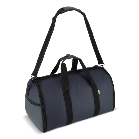 Modèle bleu foncé avec anses et bandoulière noires présenté fermé, sans personnalisation visible.