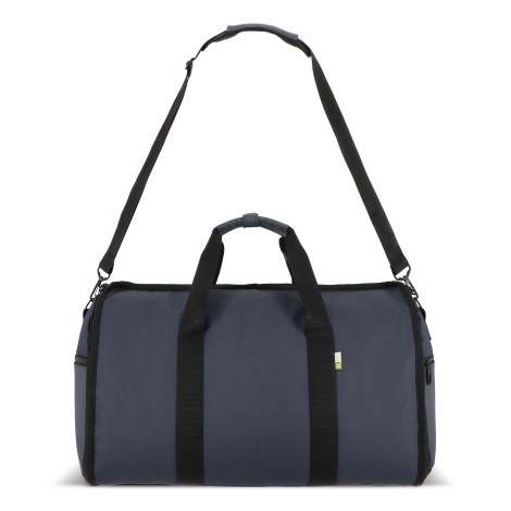 Vue de face du sac de voyage bleu foncé avec bandoulière réglable et poches extérieures visibles, sans marquage apparent.