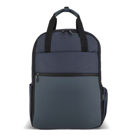Sac à dos bleu foncé présenté de face avec poche avant zippée visible, sans marquage apparent.