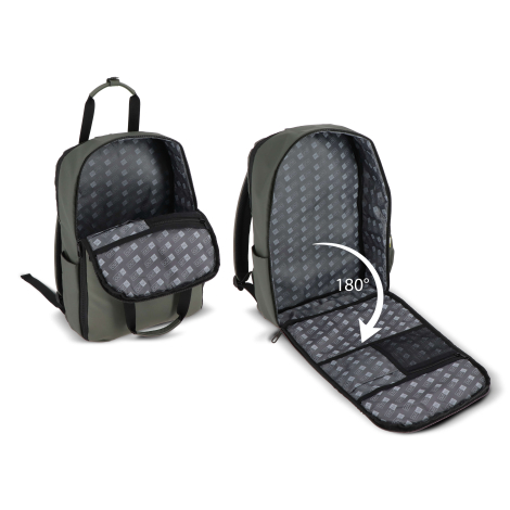 Compartiments intérieurs dépliables visibles sur un sac à dos vert kaki ouvert à plat, sans personnalisation visible.
