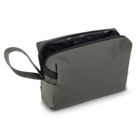 Trousse de toilette vert kaki ouverte avec doublure intérieure et compartiments visibles, sans marquage apparent.