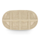 Vue du dessus du plat de service compartimenté en céramique beige mouchetée, sans marquage apparent. Vue du dessus du plat de service compartimenté en céramique beige mouchetée, sans marquage apparent.