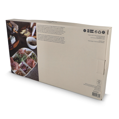 Packaging du plat de service présenté en carton avec photographie du produit en situation d’utilisation.