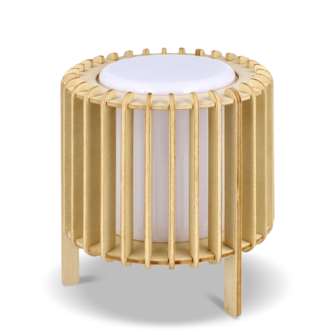 Lampe LED cylindrique en bois clair à structure ajourée verticale présentée de face sans personnalisation visible.