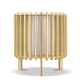Lampe LED cylindrique en bois clair à structure ajourée verticale présentée de face sans personnalisation visible. Lampe LED cylindrique en bois clair à structure ajourée verticale présentée de face sans personnalisation visible.