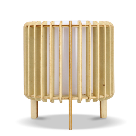Lampe LED cylindrique en bois clair à structure ajourée verticale présentée de face sans personnalisation visible.