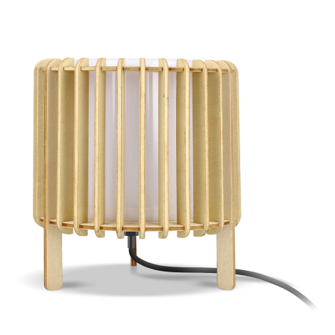 Lampe LED cylindrique en bois clair à structure ajourée verticale présentée de dos avec câble visible, sans personnalisation app