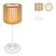 Lampe LED sur pied avec abat-jour cylindrique en bois clair à structure ajourée verticale et personnalisation visible sur la bas Lampe LED sur pied avec abat-jour cylindrique en bois clair à structure ajourée verticale et personnalisation visible sur la bas