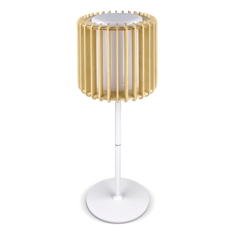 Lampe LED sur pied avec abat-jour cylindrique en bois clair à structure ajourée verticale présentée de face sans personnalisatio
