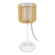 Lampe LED sur pied avec abat-jour cylindrique en bois clair à structure ajourée verticale, présentée avec câble visible et sans Lampe LED sur pied avec abat-jour cylindrique en bois clair à structure ajourée verticale, présentée avec câble visible et sans
